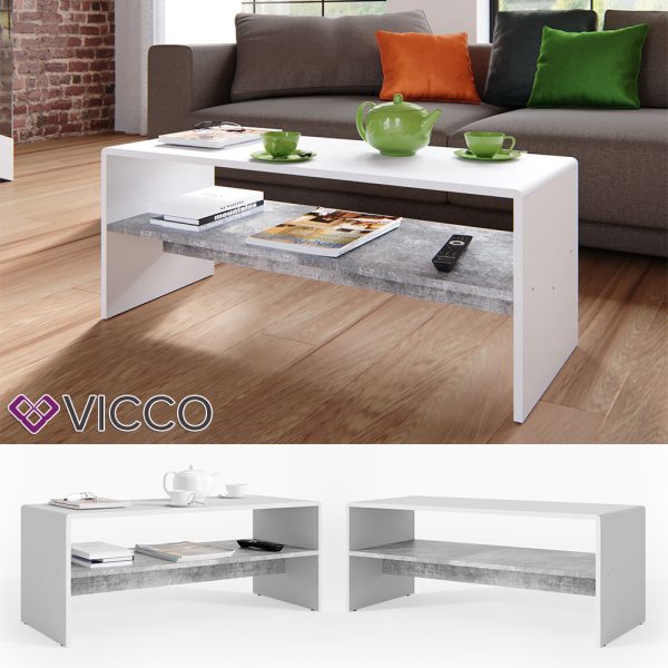 VICCO Couchtisch Weiß Beton Optik Wohnzimmer Sofatisch Kaffeetisch Tisch