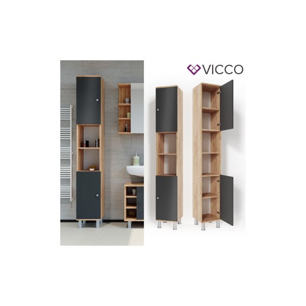 VICCO Badschrank FYNN 190 x 30 cm Eiche Anthrazit Badezimmerschrank Hochschrank