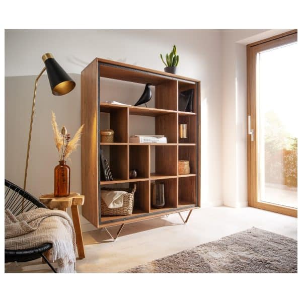 Bücherregal Stonegrace Akazie Natur 120x150 12 Fächer Steinfurnier V-Fuß Highboard