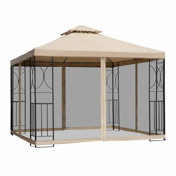 Outsunny Metallpavillon mit Moskitonetz beige 300 x 300 x 278 cm (LxBxH)   Gartenpavillon Gartenzelt Festzelt Partyzelt