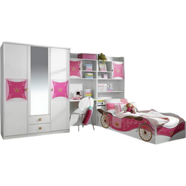 Kinderzimmer Zoe 4-tlg. Kleiderschrank mit Schreibtisch Regal Bettkastenschrank Bett weiß - pink