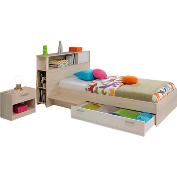 Funktionsbett Charly Parisot 90*200 cm inkl. Kopfteil + Ablagetisch + Nachtkommode Akazie beige weiß