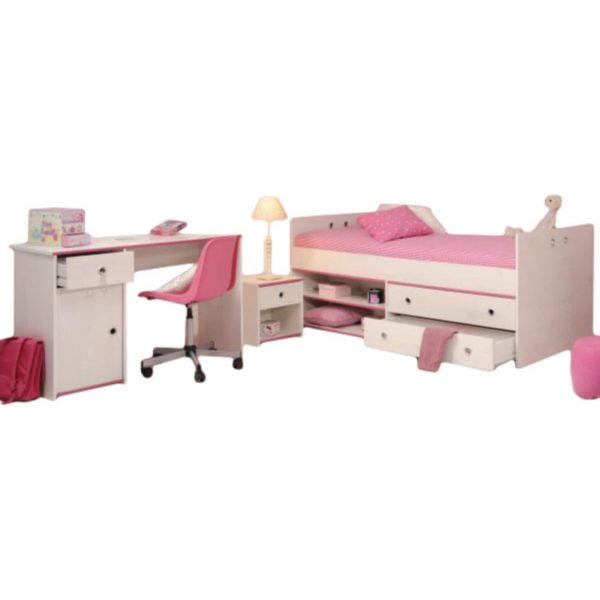 Kinderzimmer Smoozy Parisot 3-tlg Bett + Nachtkommode + Schreibtisch weiß