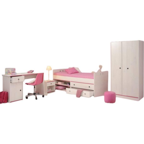 Kinderzimmer Smoozy Parisot 4-tlg Bett + Nachtkommode + Schreibtisch + Kleiderschrank weiß