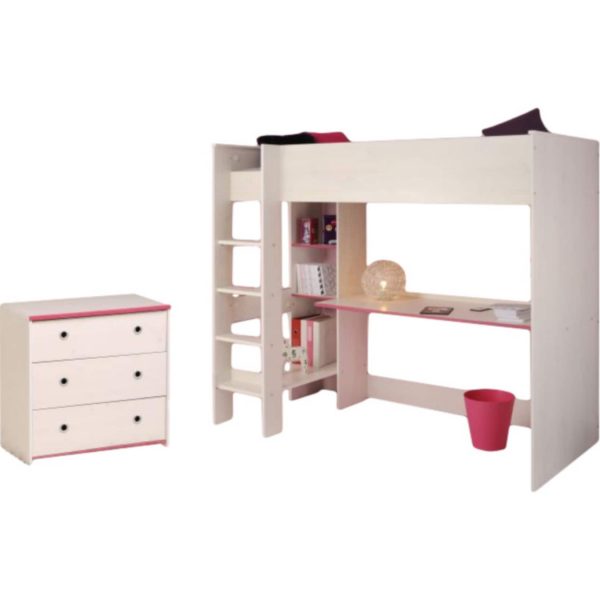 Kinderzimmer Smoozy Parisot 2-teilig weiß - pink - blau Bett + Kommode + Schreibtisch