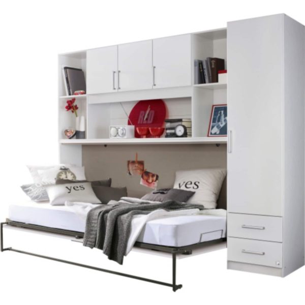 Klappbett Susi Regal + Überbau + Kleiderschrank + Lattenrost + Softclose weiß