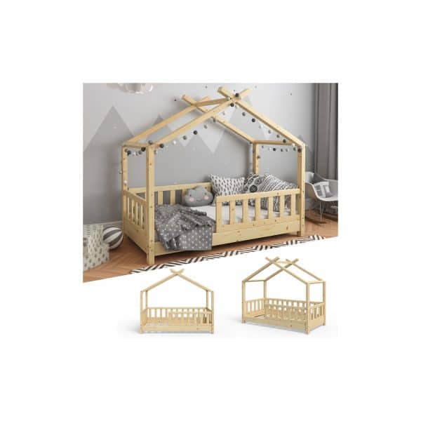 VITALISPA Kinderbett Hausbett DESIGN 70x140cm Natur Zaun Kinder Holz Haus Hausbett