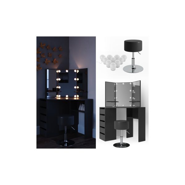 Vicco Schminktisch Arielle Frisiertisch Kommode Frisierkommode Spiegel Schwarz inklusive Hocker und LED-Lichterkette