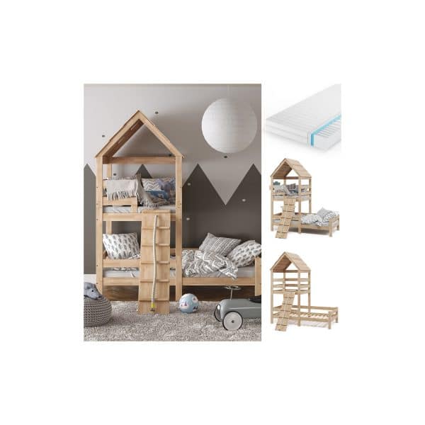 VitaliSpa Kinderbett Teddy 90x200cm mit Matratze Spielbett Jugendbett Spielturm Natur