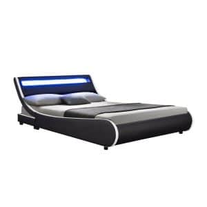 Juskys Polsterbett Valencia 140x200 cm- Bett mit Lattenrost & LED Beleuchtung – Jugendbett schwarz