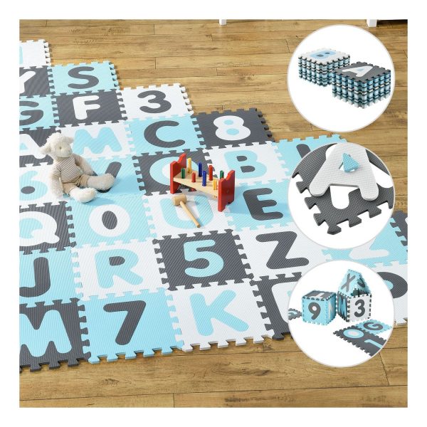 Juskys Kinder Puzzlematte Juna 36 Teile mit Buchstaben & Zahlen - rutschfest – blau für Jungen