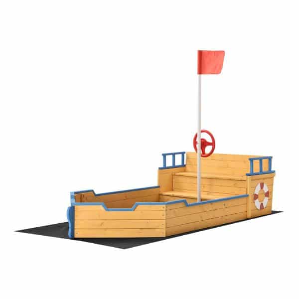 Juskys Sandkasten Käpt’n Pit mit Bodenplane & Sitzbank – Holz Piratenschiff Boot – Sandkiste Sandbox