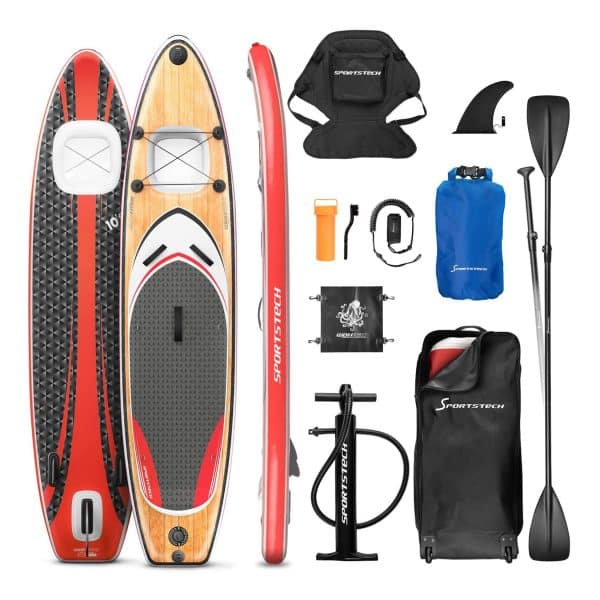 Sportstech Premium SUP-Board WBX mit 2in1 Sichtfenster Action-Cam... Wooden-Braun