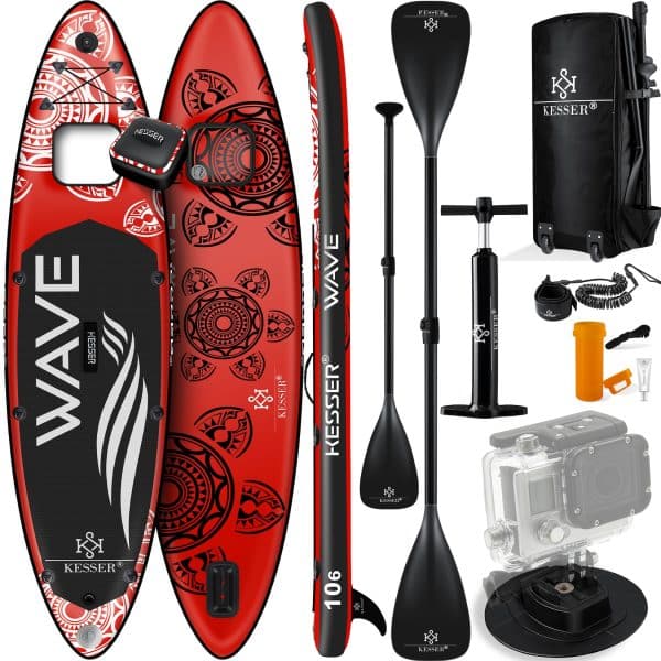 KESSER® SUP Board Aufblasbar Set mit Sichtfenster Stand Up Paddle Board Premium Surfboard Wassersport   6 Zoll Dick    Komplettes Zubehör   130kg... (AQUA) Rot 320CM