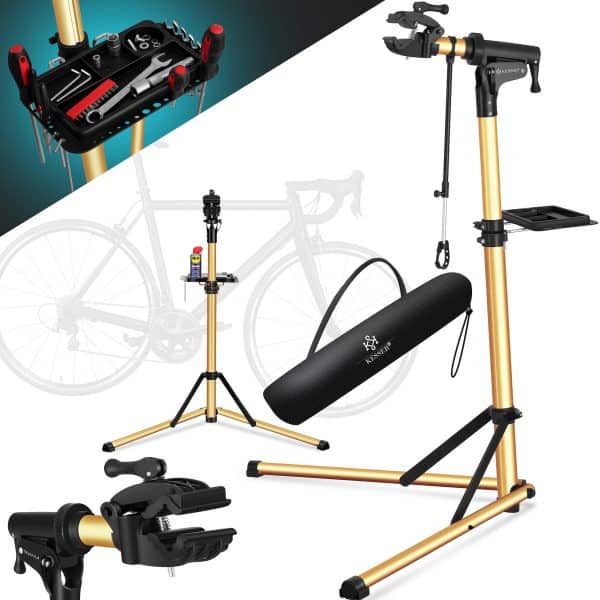 KESSER® Fahrradmontageständer Profi Reparaturständer Aluminium für Fahrräder Mountainbikes E-bike Schwerlast-Montageständer Fahrradständer  +Tasche mit Schnelllösevorrichtungen Klemmkopf 360° drehbar... Gold