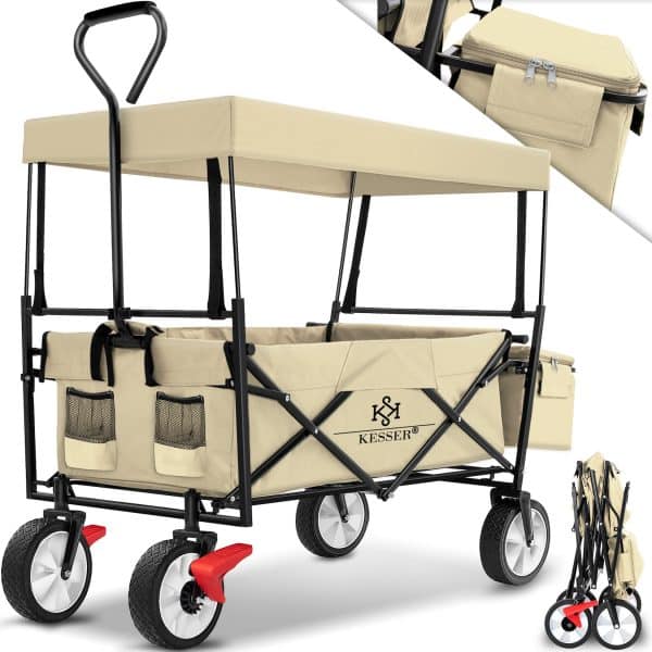 KESSER® Bollerwagen faltbar mit Dach Handwagen Transportkarre Gerätewagen   inkl. 2 Netztaschen und Einer Außentasche   klappbar   Vollgummi-Reifen   bis 100 kg Tragkraft   Mit Vorderrad-Bremse... Beige