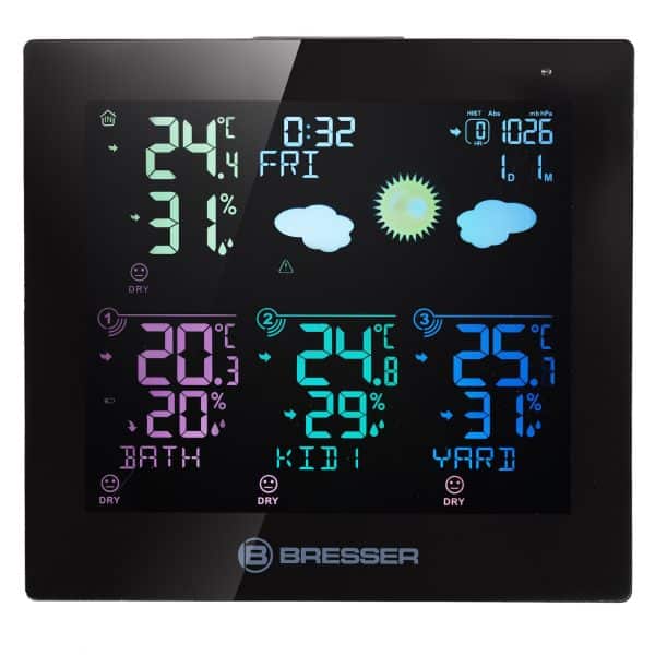 BRESSER Quadro Neo C Thermo- und Hygrometer mit 3 Außensensoren und Wettervorhersage