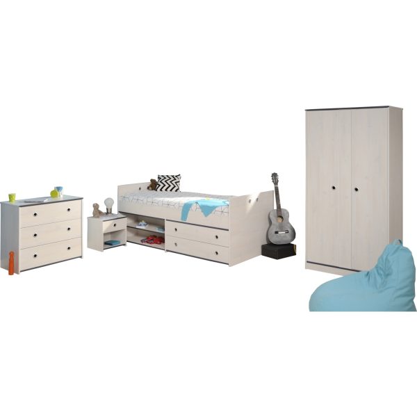 Kinderzimmer Smoozy Parisot 4-tlg Bett + Kleiderschrank + Kommode + Nachtkommode weiß