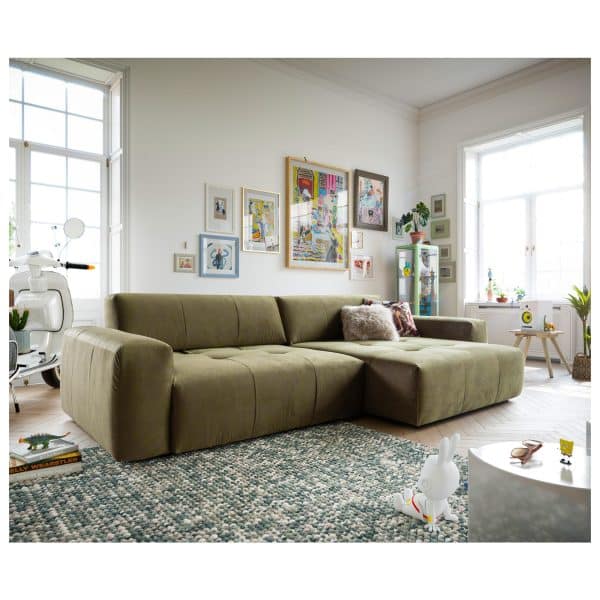 Eckcouch Lazaro Samt Olive 300x160cm Ottomane rechts mit Rückentiefenverstellung