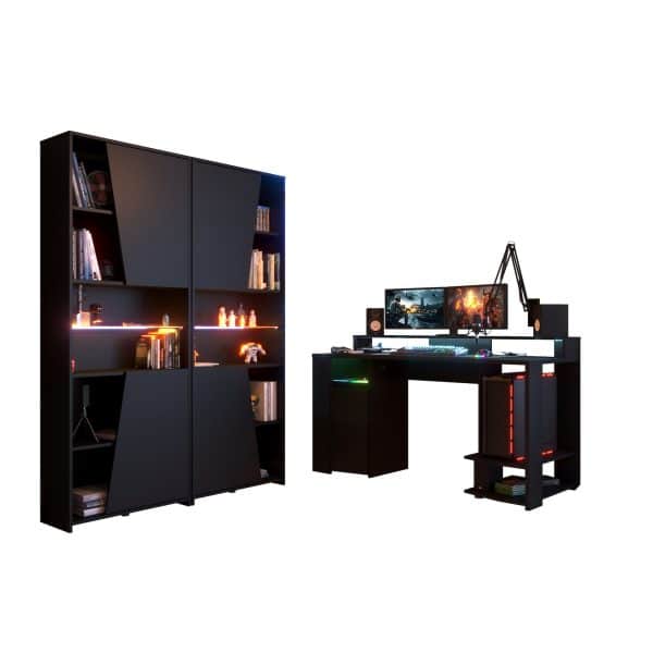 Gamer Set Gaming Parisot 3-tlg. Schreibtisch 152 x 62 cm + 2x Regal B 67 cm schwarz LED Beleuchtung