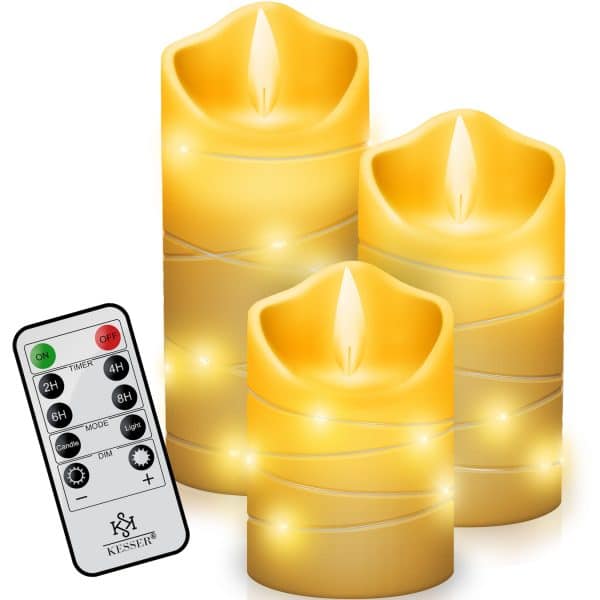 KESSER® LED Kerzen Set Flammenlose Kerze mit Fernbedienung Timerfunktion Timer Dimmer Echtwachskerze Realistisch Flackernde Led-Flammen Echtwachs mit Kordel Deko