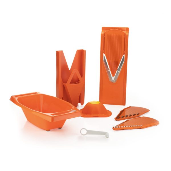 Börner Mandoline V3 Spezial   7-teiliges Set   5 Schnittstärken   Als Pommes-Schneider geeignet   BPA-frei und rostfrei   Orange