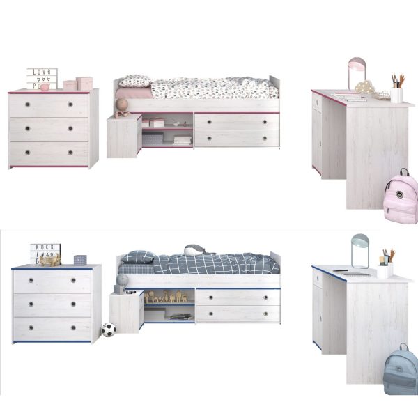 Kinderzimmer Smoozy Parisot 4-tlg Bett + Nachtkommode + Schreibtisch + Kommode weiß