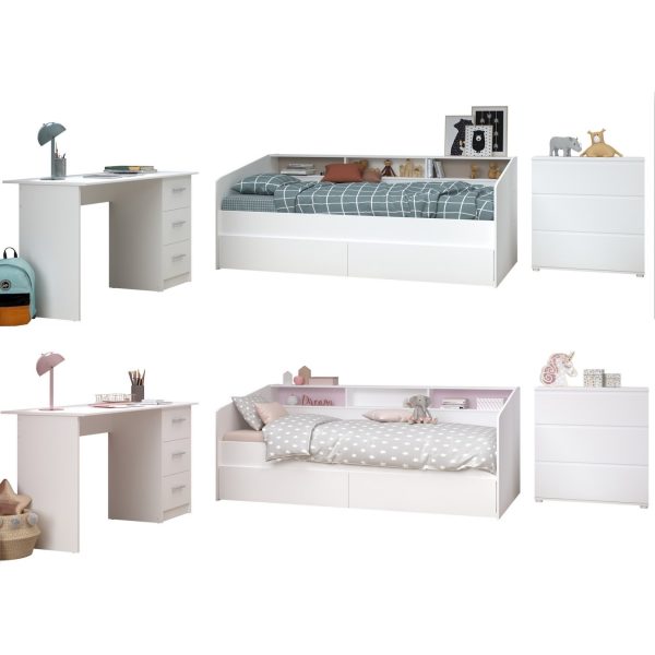 Kinderzimmer Sleep Parisot inkl. Bett + 2 Bettschubkästen + Schreibtisch + Kommode weiß