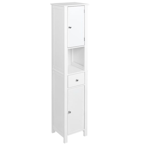 kleankin Badezimmerschrank mit Schulbladen weiß 34L x 30B x 163H cm   badezimmer schrank  schrank mit schulbladen  freistehend  platzsparend