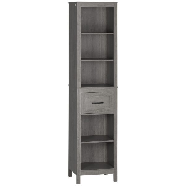 kleankin Badezimmerschrank mit Kippschutz grau 42L x 30B x 170H cm   badezimmerschrank  hochschrank  freistehender bademöbel  kippschutz