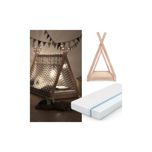 VITALISPA Kinderbett TIPI Indianer Bett Kinderhaus Holz Hausbett 90x200cm Natur + Matratze