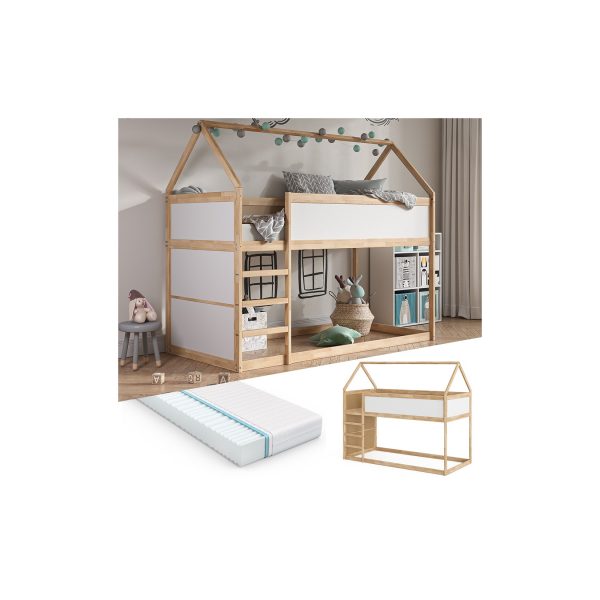 VitaliSpa Kinderstockbett Doppelstockbett Etagenbett Pinocchio Natur Weiß modern 205x175 cm Kinderzimmer Rausfallschutz Massivholz Lattenrost Matratze