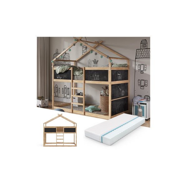 VitaliSpa Kinderstockbett Doppelstockbett Etagenbett Merlin Natur Anthrazit modern 208x203 cm Kinderzimmer Rausfallschutz Massivholz Lattenrost Matratze