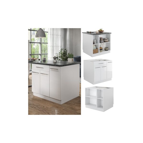 Vicco Kücheninsel Küchenblock Einbauküche Fame-Line Weiß 90 cm modern Hochglanz Küchen Schränke Apothekerunterschrank Schubunterschrank Regalinselunterschrank Softclose-Scharnier Küchenmöbel