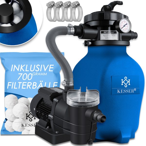 KESSER® Sandfilteranlage Sandfilter + 700g Filterbälle ersetzen 25kg Filtersand 7-Wege Ventil mit Druckanzeige Poolfilter 10 m³/h Filteranlage Filterkessel für Pool Schwimmbecken 10.200 L/h