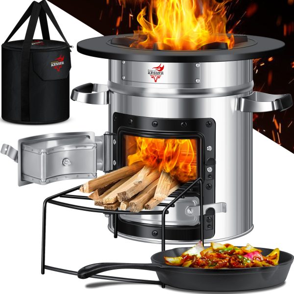 KESSER® Raketenofen Inkl. Grillpfanne aus Gusseisen mit Tragetasche Dutch Oven BBQ Rakete Holzofen Camping Campingkocher Campinggrill