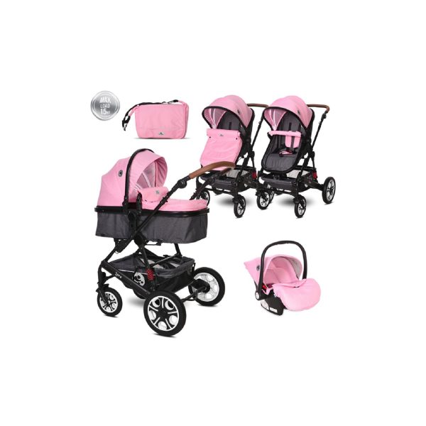 Lorelli Kombikinderwagen Lora 3 in 1 Autositz Tragetasche Sportsitz Fußabdeckung rosa pink