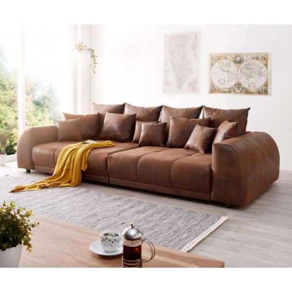 Bigsofa Violetta Braun 310x135 cm Antik Optik inklusive Kissen Big-Sofa