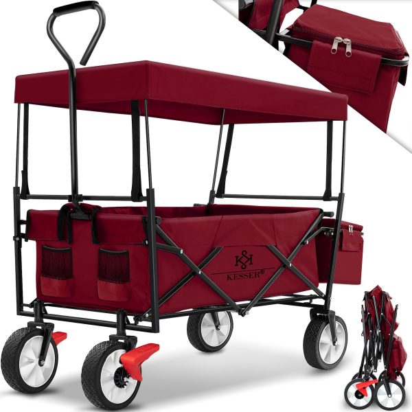 KESSER® Bollerwagen faltbar mit Dach Handwagen Transportkarre Gerätewagen   inkl. 2 Netztaschen und Einer Außentasche   klappbar   Vollgummi-Reifen   bis 100 kg Tragkraft   Mit Vorderrad-Bremse