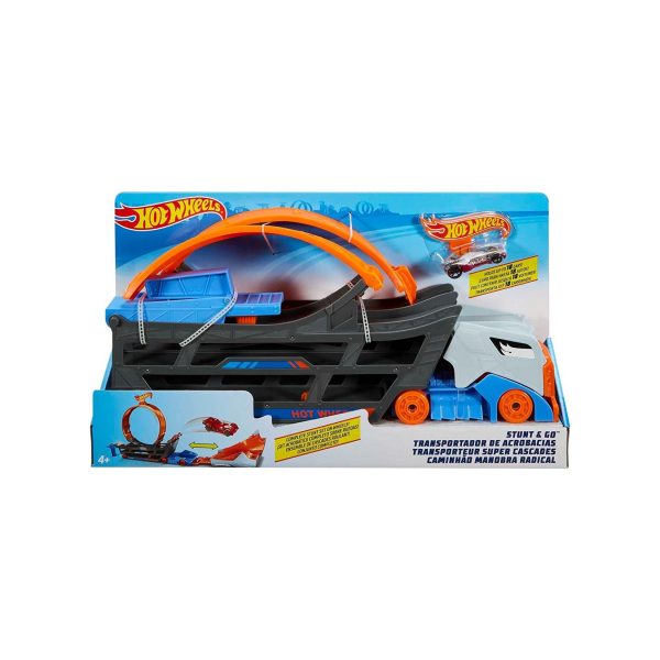 Mattel GCK38 - Hot Wheels - Stunt N Go Transporter und Trackset (1 zufälliges Fahrzeug enthalten)