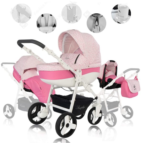 Friedrich Hugo Simpligo   3 in 1 Kombi Kinderwagen Set   Luftreifen   Farbe: Leopard Pink (Stoff)