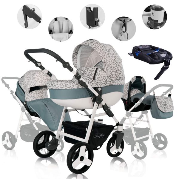 Friedrich Hugo Simpligo   4 in 1 Kinderwagen Komplettset   ISOFIX Basis   Luftreifen   Farbe: Leopard Grau (Stoff)