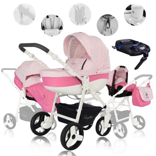 Friedrich Hugo Simpligo   4 in 1 Kinderwagen Komplettset   ISOFIX Basis   Luftreifen   Farbe: Leopard Pink (Stoff)