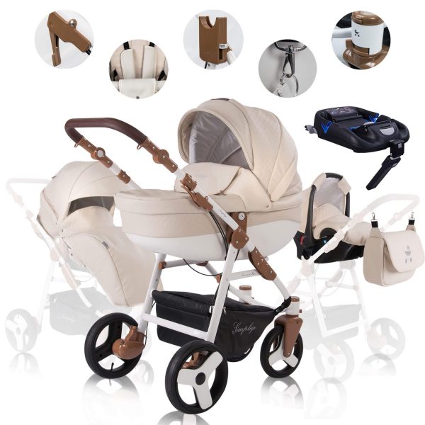 Friedrich Hugo Simpligo   4 in 1 Kinderwagen Komplettset   ISOFIX Basis   Luftreifen   Farbe: Sand (Kunstleder)