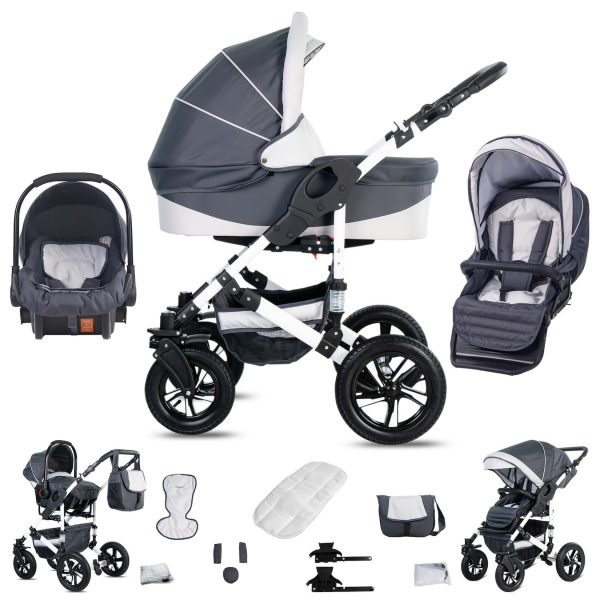 Friedrich Hugo Hamburg   3 in 1 Kombi Kinderwagen Set   Hartgummireifen   Farbe: Grey & White