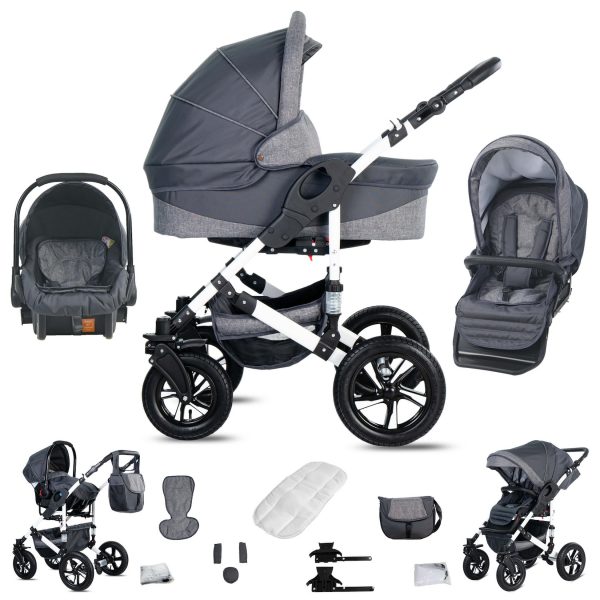 Friedrich Hugo Hamburg   3 in 1 Kombi Kinderwagen Set   Hartgummireifen   Farbe: Grey & Grey Linen