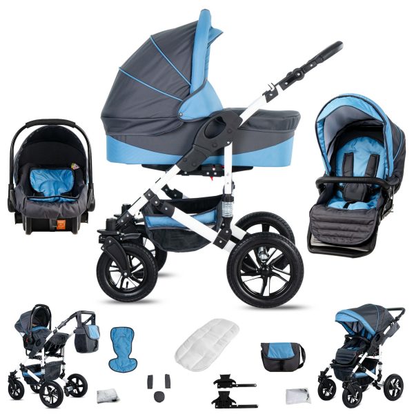 Friedrich Hugo Hamburg   3 in 1 Kombi Kinderwagen Set   Hartgummireifen   Farbe: Grey & Babyblue