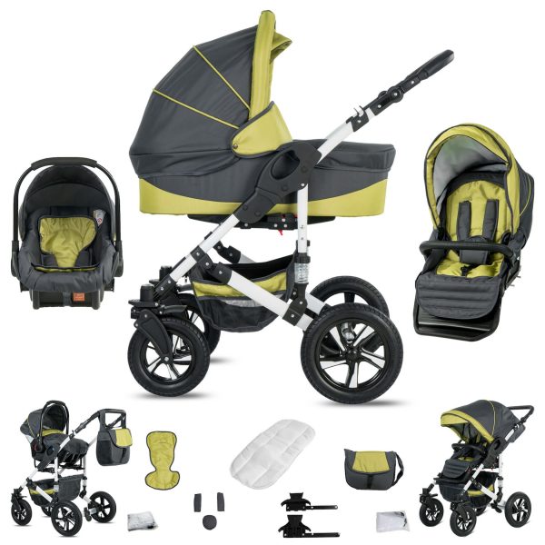 Friedrich Hugo Hamburg   3 in 1 Kombi Kinderwagen Set   Hartgummireifen   Farbe: Grey & Green