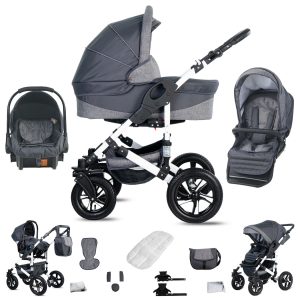 Friedrich Hugo Hamburg   3 in 1 Kombi Kinderwagen Set   Luftreifen   Farbe: Grey & Grey Linen