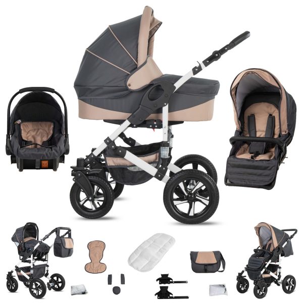 Friedrich Hugo Hamburg   3 in 1 Kombi Kinderwagen Set   Luftreifen   Farbe: Grey & Beige